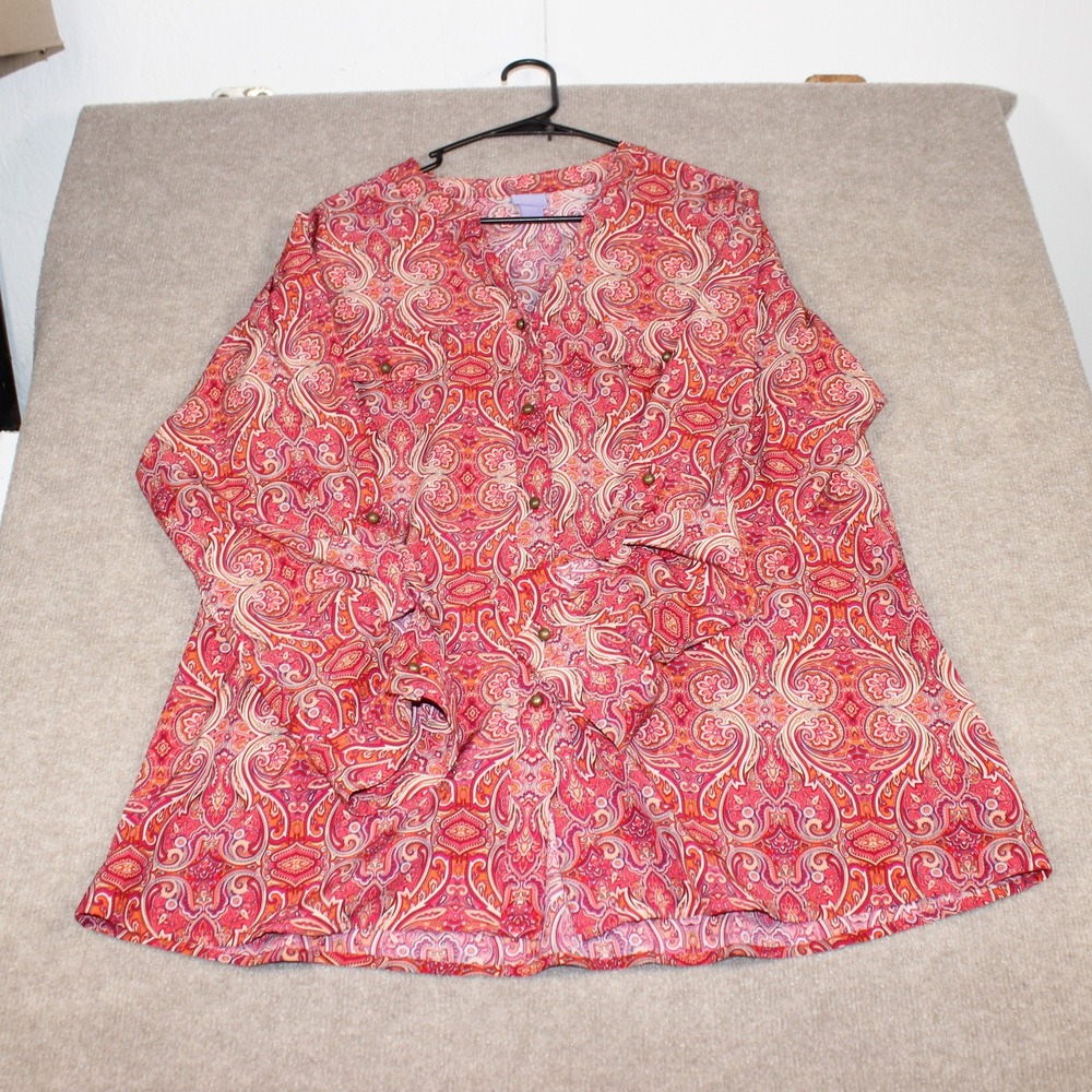 Laura Scott Woman Pink Orange Paisley Button Front Blouse 2X Long Sleeve Top